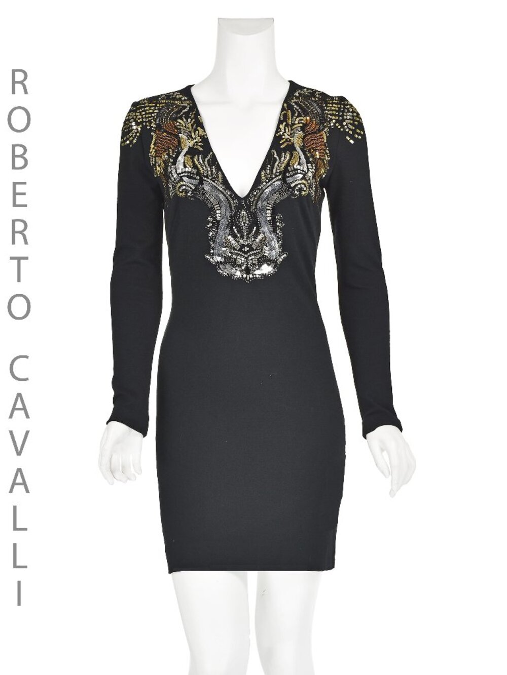 ROBERTO CAVALLI Black Stretchy Knit Mini Dress w/ Sequined V-Neck IT40 US2-4
